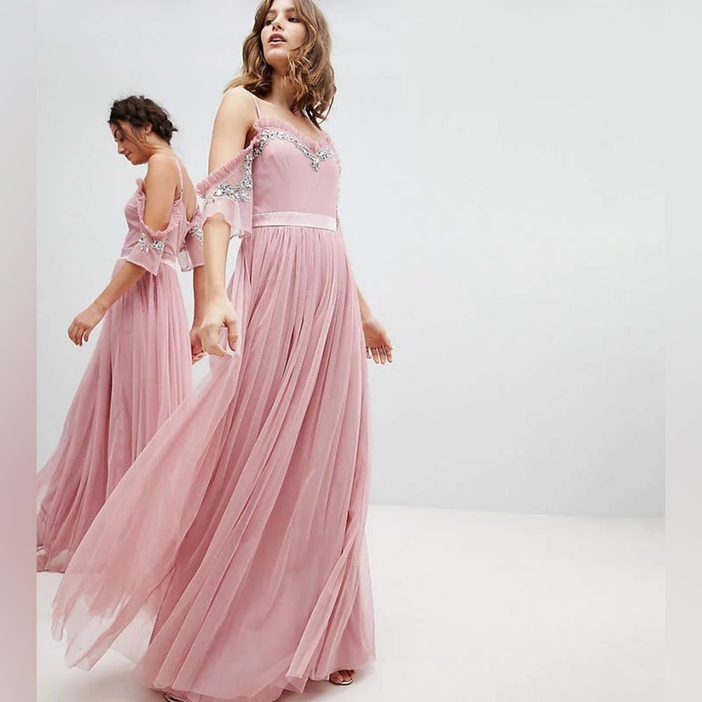 MAYA DELUXE 👰🏻‍♀️ Pink Cold Shoulder Formal Dress Gown Silver Beading Bridesmaid